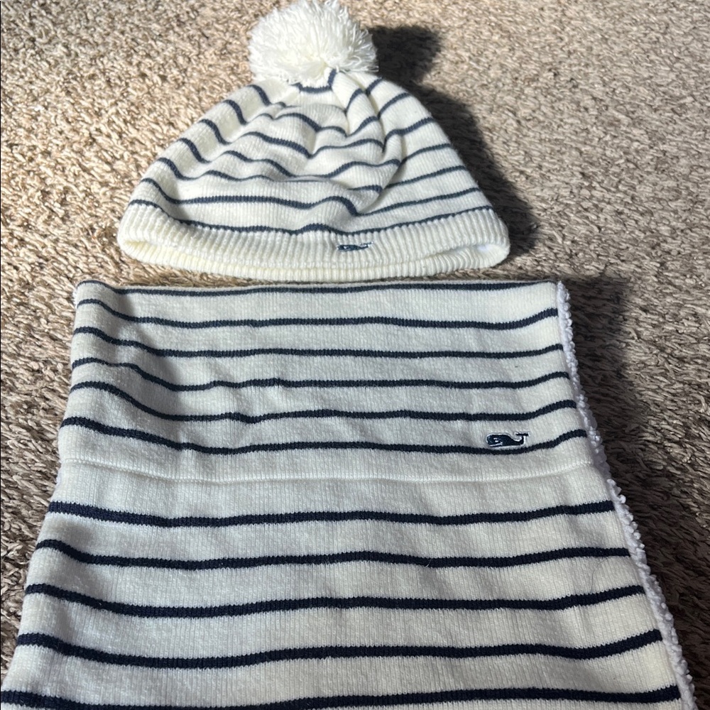 Vineyard Vines Navy and White Striped Kids Beanie and Scarf Set